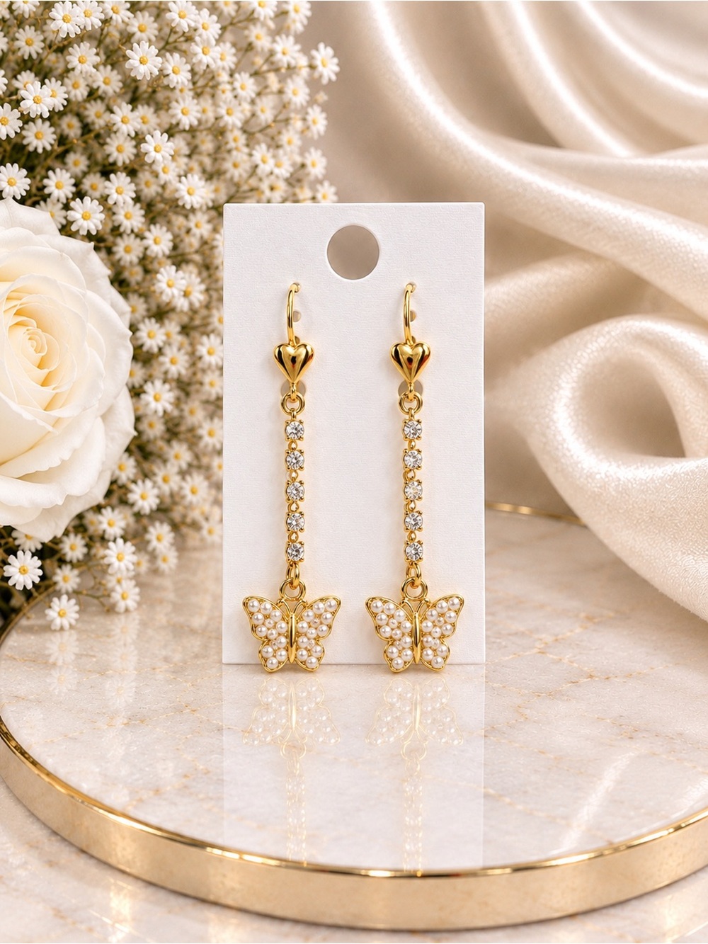 Gold Pearl Butterfly Drop Earrings by